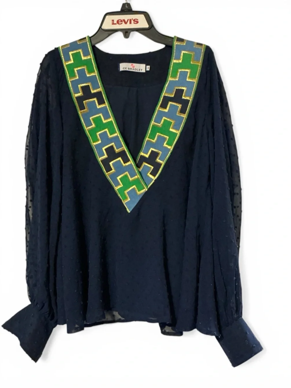 C.K. Bradley Navy Blouse with Green & Blue V-Neck Trim Womens Small Boho - Picture 2 of 6